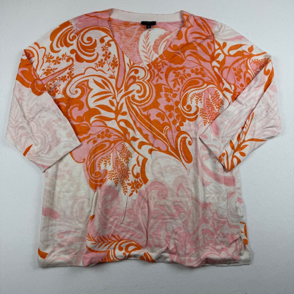 Talbots Petite XL Orange Pink Paisley V-Neck 100% Cotton 3/4 Sleeve Sweater